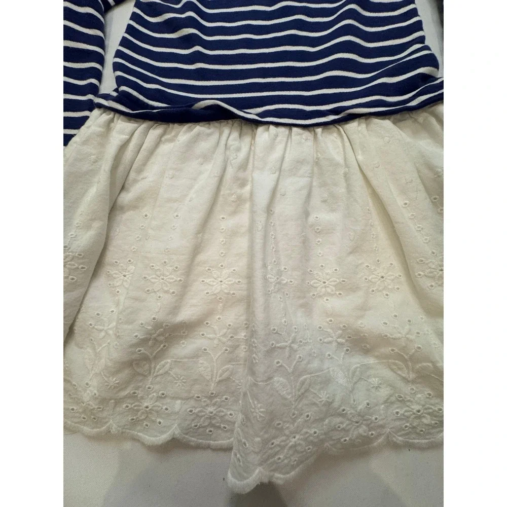 OshKosh B'gosh Striped Eyelet Dress‎ Kids 8 Navy White Mixed Media Long Sleeve